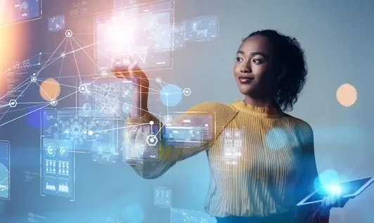 Woman with Icons on Screen